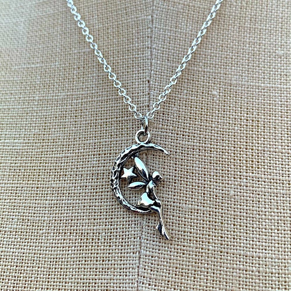 NWT Sterling Silver Plated Chain & Alloy Fairy on the Moon Charm Necklace